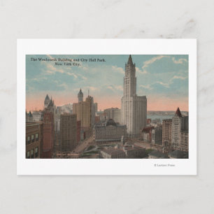 New York, NY - Woolworth Byggnad och City Hall Vykort