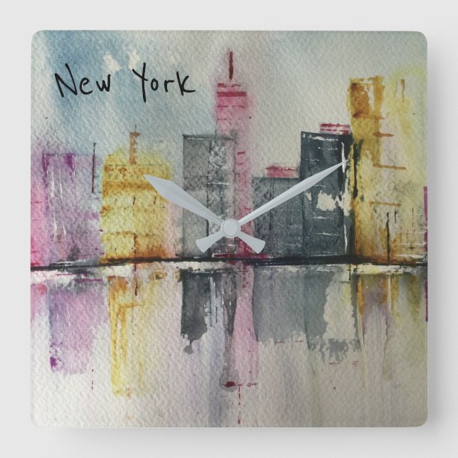 New York NYC Skyline Cityscape-originalteckning Fyrkantig Klocka (Framsida)