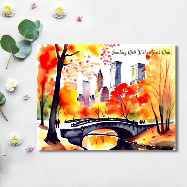 New York-parken faller vattenfärgen well önskemål Vykort (New York central park in autumn watercolor well wishes postcard bridge over river yellow trees)