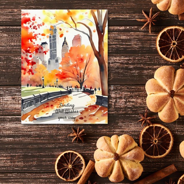 New York-parken faller vattenfärgen well önskemål Vykort (New York Central park in fall watercolor well wishes postcard warm autumn colors pathway with trees)