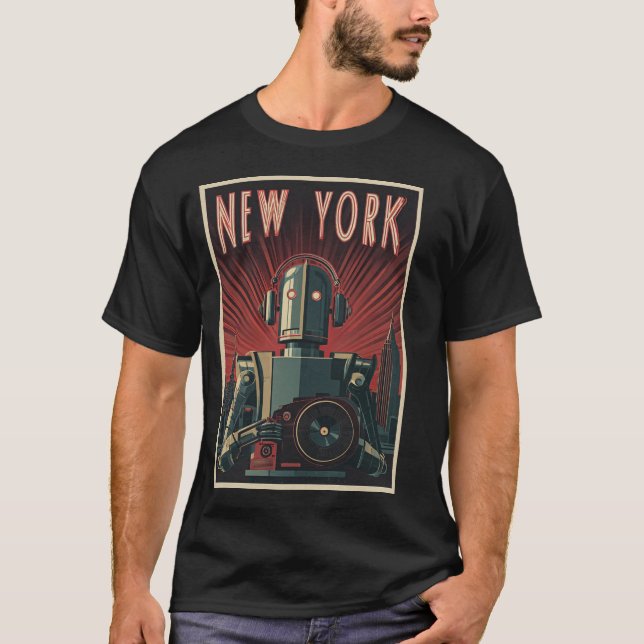 New York Robot Tourist – Art Deco Travel Poster T Shirt (Framsida)