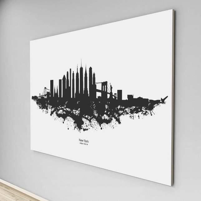 New York Siluett Akvarell Svart och Vitt Canvastryck (New York Skyline Watercolor Black and White. Canvas Print)
