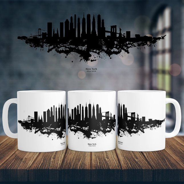 New York Siluett Akvarell Svart och Vitt Kaffemugg (New York Skyline Watercolor Black and White. Coffee Mug)
