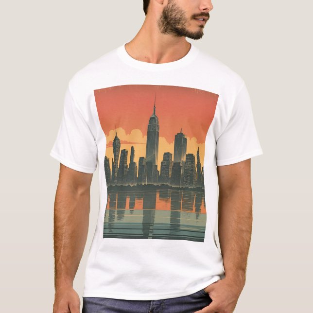 New York-sinnestillstånd - Retro Skyline Art Print T Shirt (Framsida)