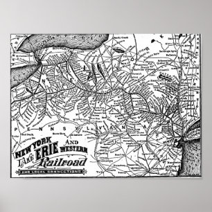 New York Sjö Erie och Westerna järnvägen 1884 Kart Poster