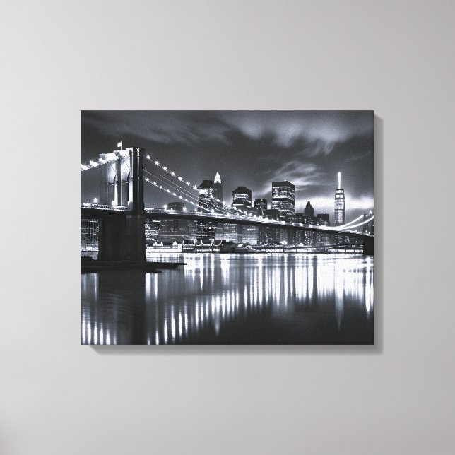 New York Skyline Brooklyn Bridge Monokrom Natt Canvastryck (Framsida)