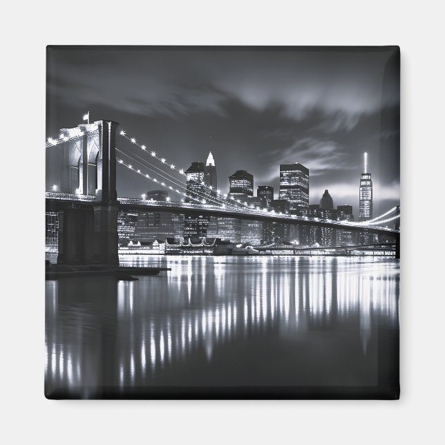 New York Skyline Brooklyn Bridge Monokrom Natt Magnet (Framsidan)