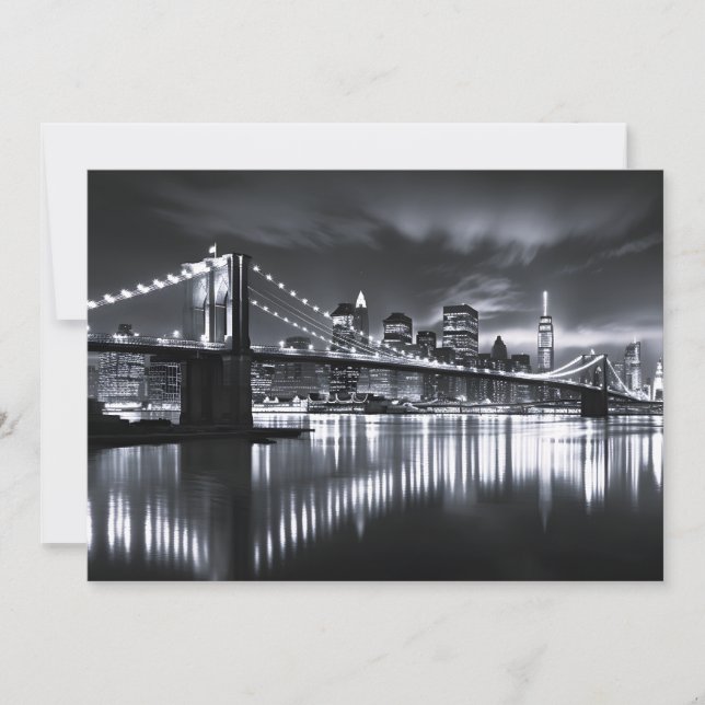 New York Skyline Brooklyn Bridge Monokrom Natt Meddelande (Framsida)