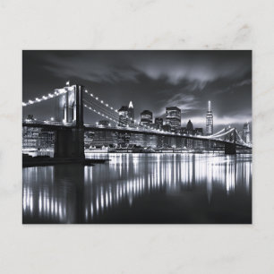 New York Skyline Brooklyn Bridge Monokrom Natt Meddelande Vykort