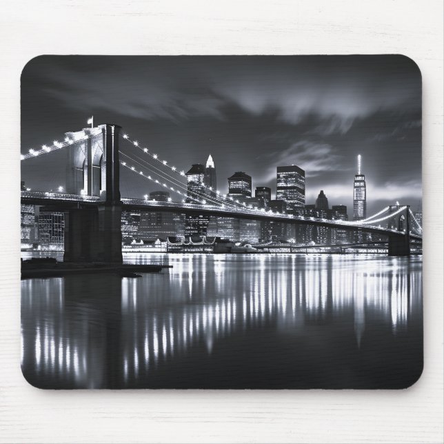 New York Skyline Brooklyn Bridge Monokrom Natt Musmatta (Framsidan)