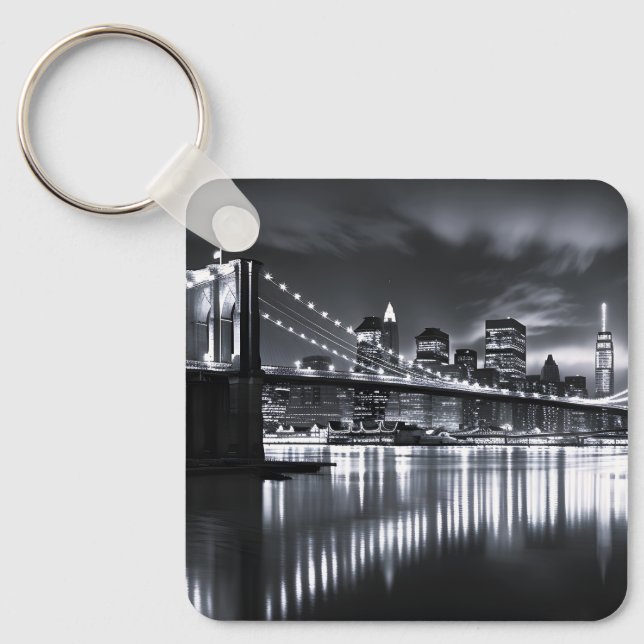 New York Skyline Brooklyn Bridge Monokrom Natt Nyckelring (Framsida)