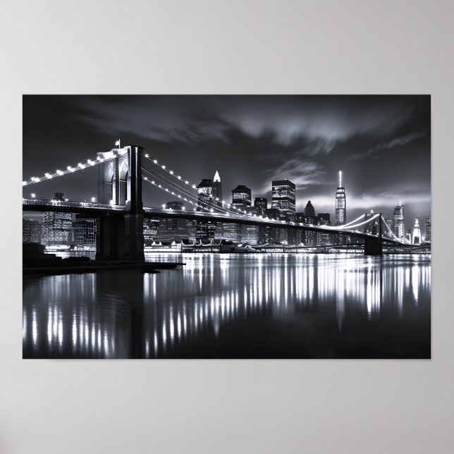 New York Skyline Brooklyn Bridge Monokrom Natt Poster (Framsidan)