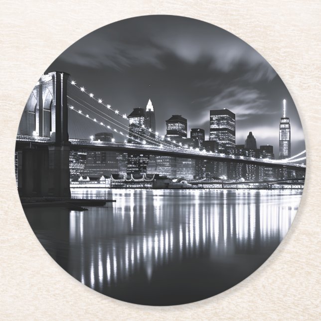 New York Skyline Brooklyn Bridge Monokrom Natt Underlägg Papper Rund (Framsidan)