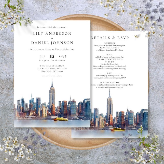 New York Skyline Destination på en Bröllop Inbjudningar (New York Skyline Destination All In One Wedding Invitation)