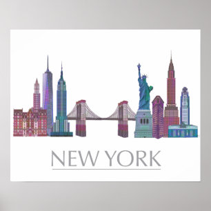 New York Skyline Färgad Byggnad Poster