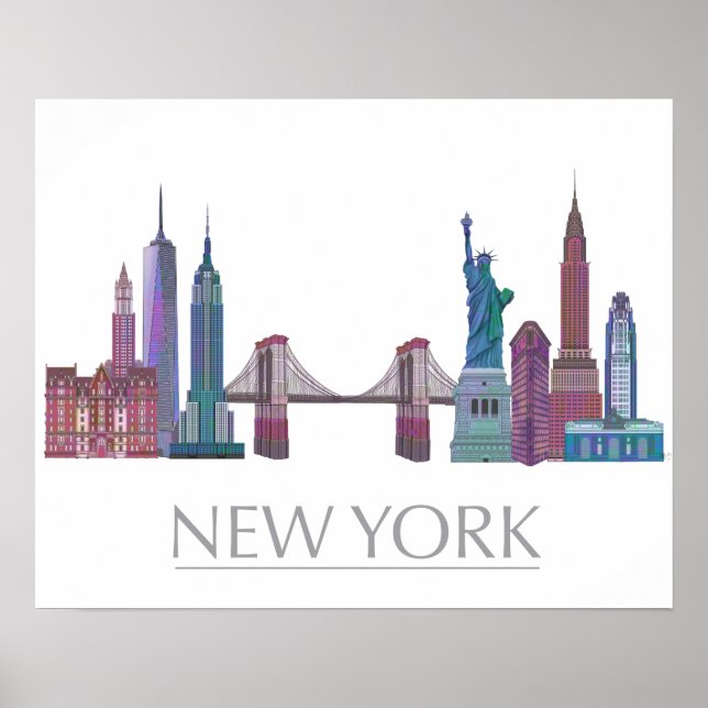 New York Skyline Färgad Byggnad Poster (Framsidan)
