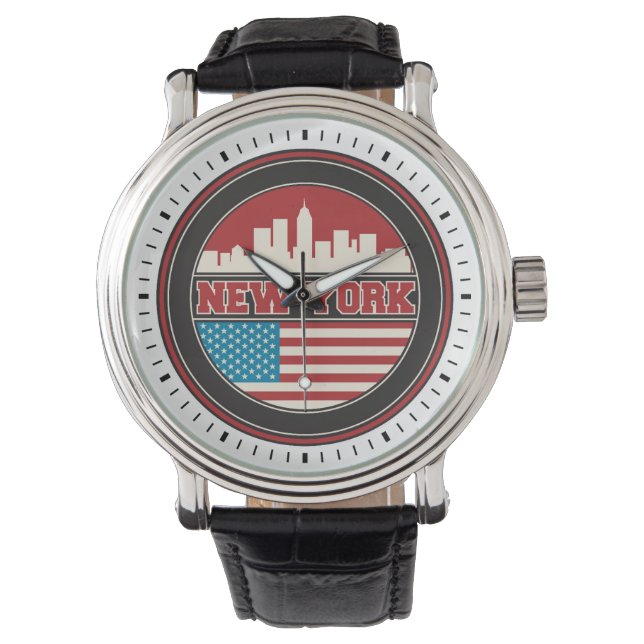 New York Skyline | Förenade Stater Flagga Armbandsur (Framsida)