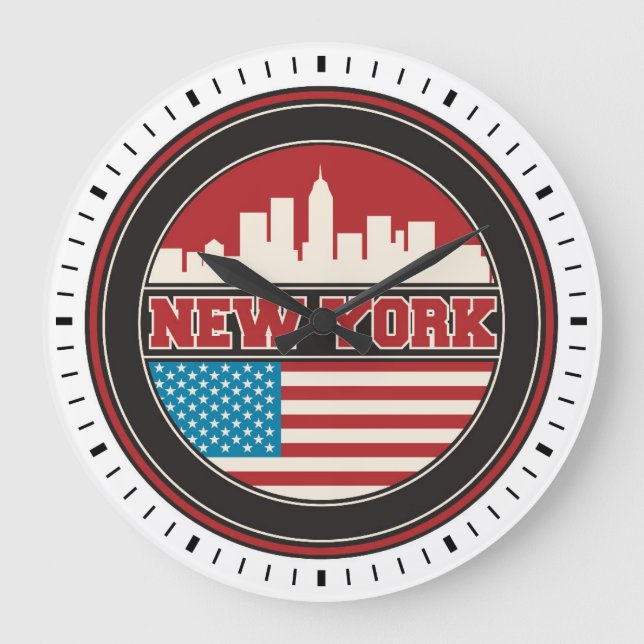 New York Skyline | Förenade Stater Flagga Stor Klocka (Framsida)