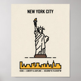 New York Skyline Frihetsgudinnan Bold Line Art Poster