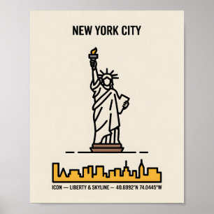 New York Skyline Frihetsgudinnan Bold Line Art Poster