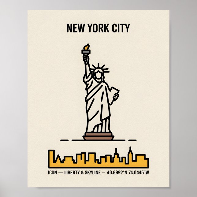 New York Skyline Frihetsgudinnan Bold Line Art Poster (Framsidan)