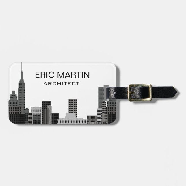 New York Skyline Grå Modern Personlig Namn Bagagebricka (Horisontell Framsida)