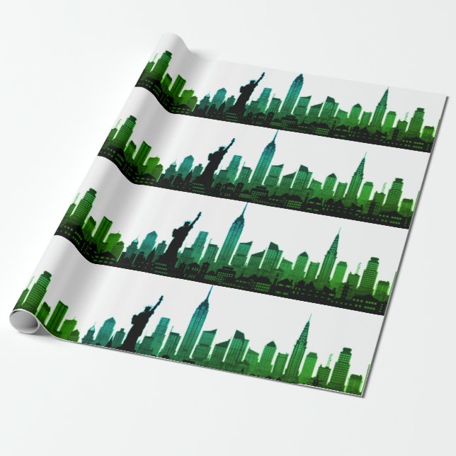 New York Skyline Grönt Big Apple Modern City Presentpapper (Utrullad)