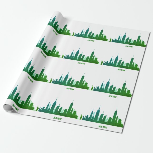 New York Skyline Grönt Big Apple Modern City Presentpapper (Utrullad)