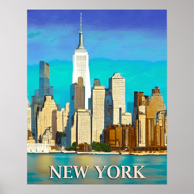 New York Skyline i Cobalt Blue och Tan Poster (Framsidan)
