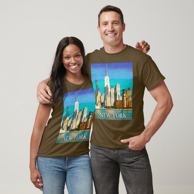 New York Skyline i Cobalt Blue och Tan T Shirt (Unisex)