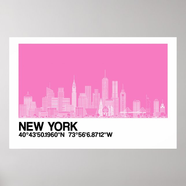 New York Skyline + Koordinater i Rosa Poster (Framsidan)