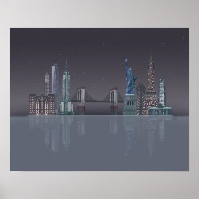 New York Skyline Nattreflektioner Poster (Framsidan)