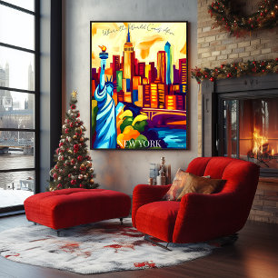 New York Skyline och Frihetsgudinnan i Fauvistisk  Poster