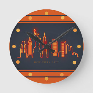 New York Skyline Orange Neon Se Cityscape Wall Rund Klocka