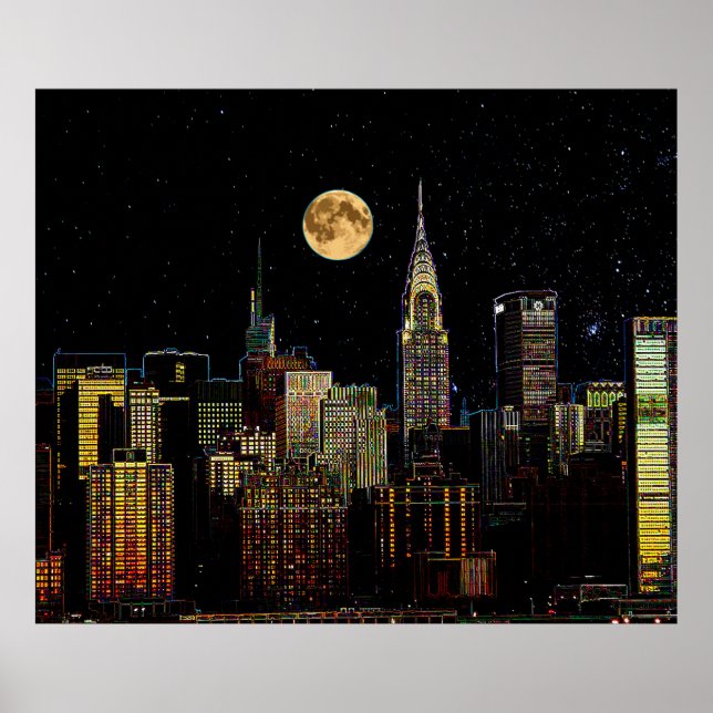 New York Skyline på natten med fullt måne Poster (Framsidan)