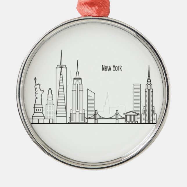 New York Skyline Silhouette Black Elegant Script Julgransprydnad Metall (Framsidan)