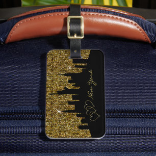 New York Skyline Silhouette i Faux Guld Glitter Bagagebricka