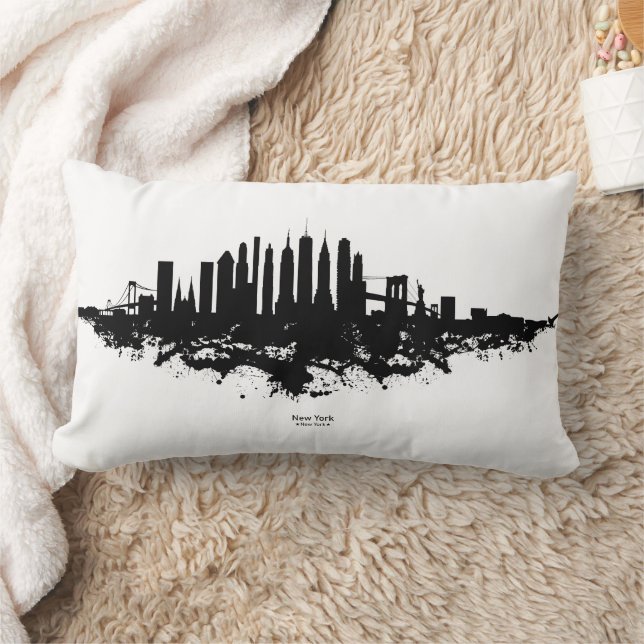 New York Skyline Watercolor Black and White Lumbarkudde (Filt)