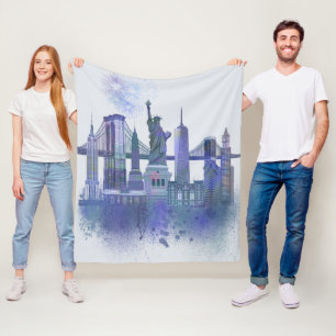 New York Skyline - Watercolor Blue Fleecefilt