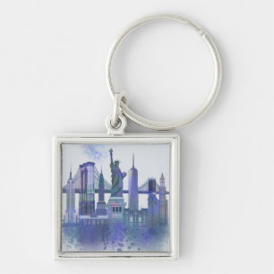 New York Skyline - Watercolor Blue Fyrkantig Silverfärgad Nyckelring