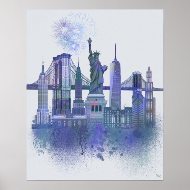 New York Skyline - Watercolor Blue Poster (Framsidan)