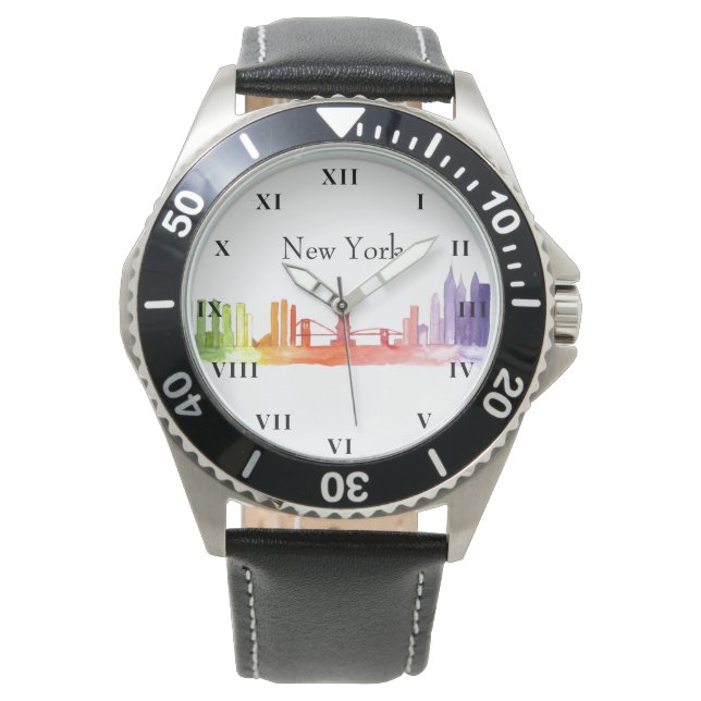 New York Skyline Watercolor Brooklyn Americana Armbandsur (Framsida)