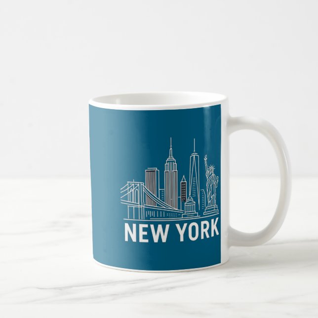 New York Skyline With Statue Of Liberty White Line Kaffemugg (Höger)