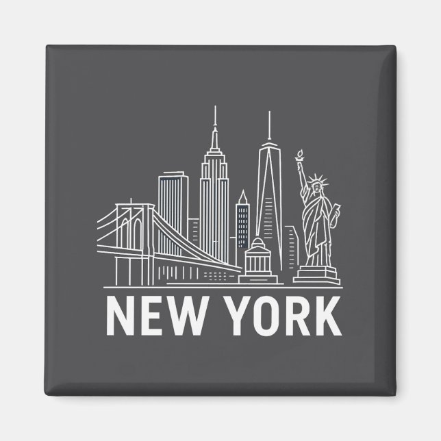 New York Skyline With Statue Of Liberty White Line Magnet (Framsidan)