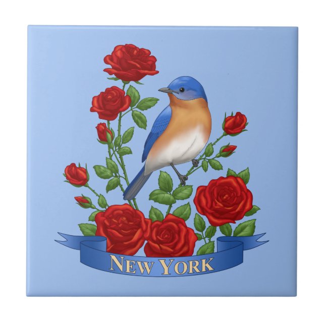 New York State Bird & Flower - Bluebird & Röd ros Kakelplatta (Framsidan)
