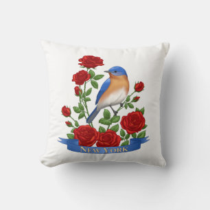 New York State Bird & Flower - Bluebird & Röd ros Kudde