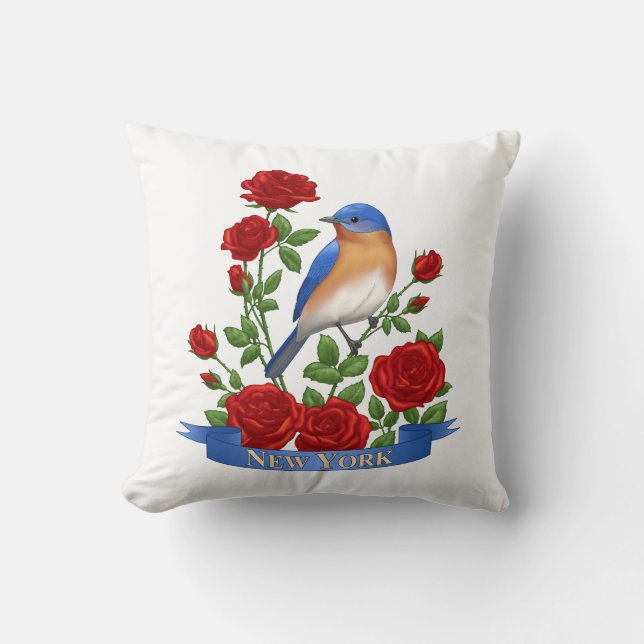 New York State Bird & Flower - Bluebird & Röd ros Kudde (Framsida)