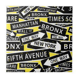 New York Street Signs Black White Gult Kakelplatta