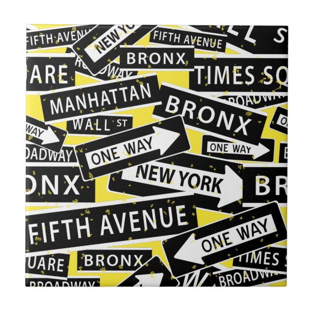 New York Street Signs Black White Gult Kakelplatta (Framsidan)