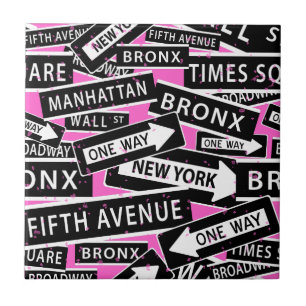 New York Street Signs Black White Rosa Kakelplatta